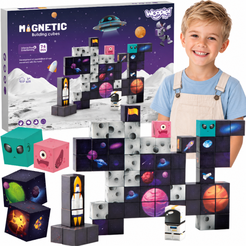 WOOPIE Magnetiske Byggeklodser m/ 74 Dele - Rumtema med Raket & UFO