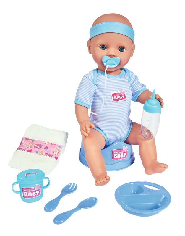 New Born Baby dukke med blåt tøj og tilbehør