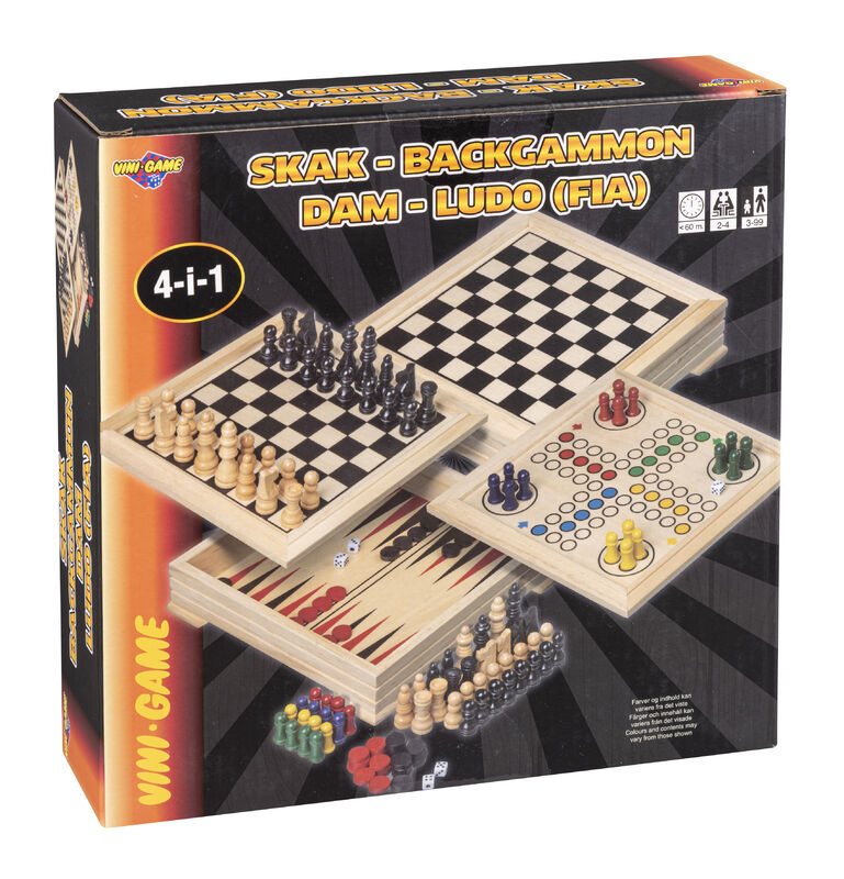 4-i-1 Træspil – Skak, Backgammon, Dam og Ludo