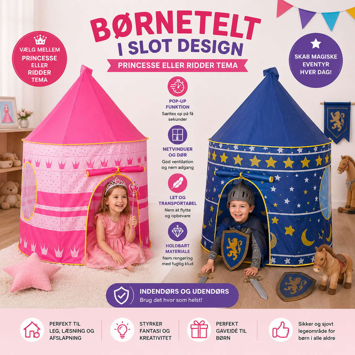 Børnetelt i Slotdesign – Pop Up Legetelt til Børn | Prinsesse- & Riddertelt