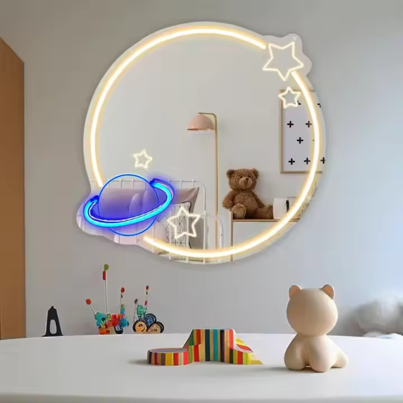 Neon Spejl - Personligt Vanity Vægspejl med Neon Lys og Akryl Design