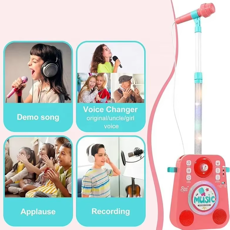 Karaokesæt til børn med mikrofonstativ og lys - Pink