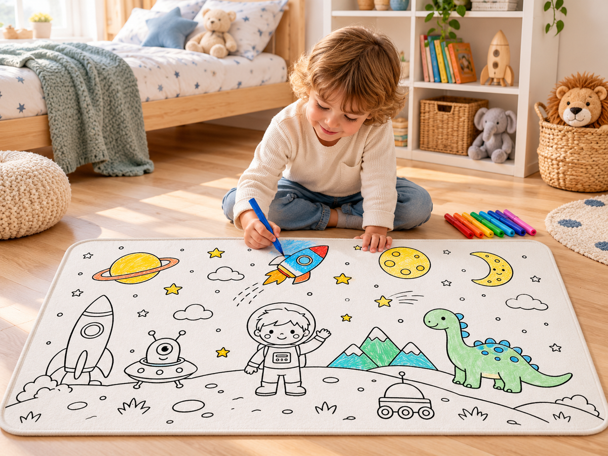 Farvelægningslegetæppe Rumeventyr, 50x90 cm, inkl. 8 tuscher