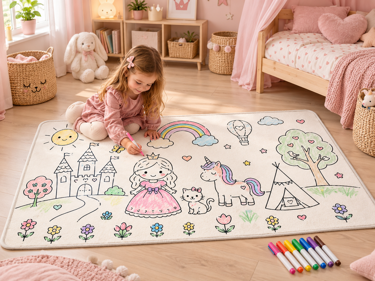 Farvelægningslegetæppe Prinsesse & Enhjørning, 50x90 cm, inkl. 8 tuscher