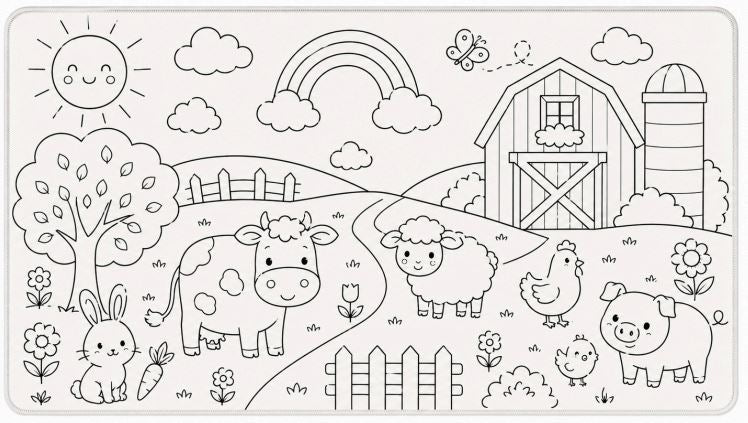 Farvelægningslegetæppe Bondegården, 50x90 cm, inkl. 8 tuscher