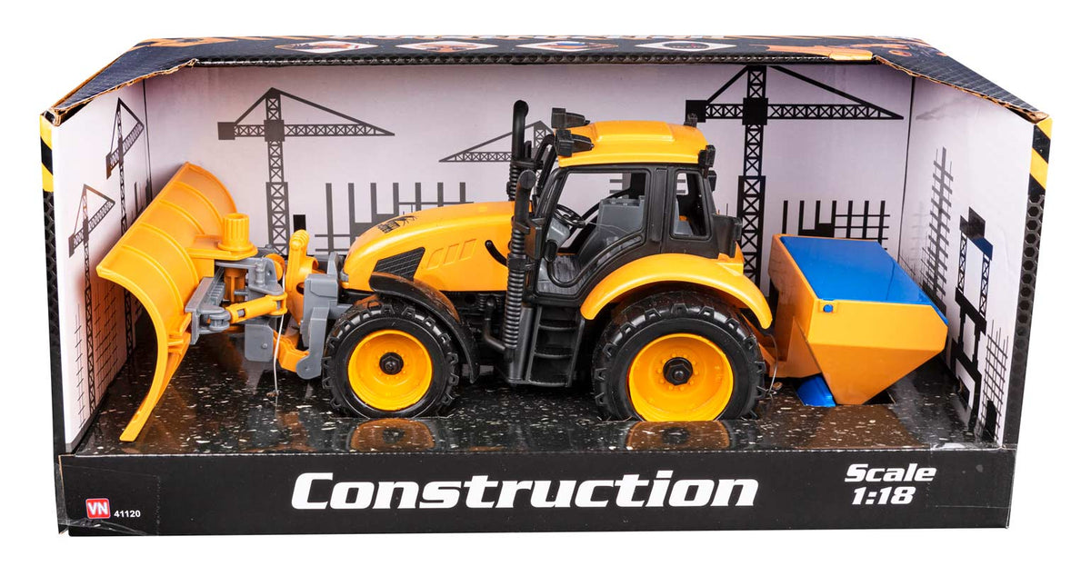 Traktor med sneplov og saltspreder