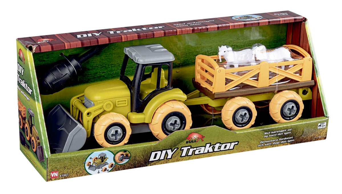 Bull take apart traktor med vogn og får