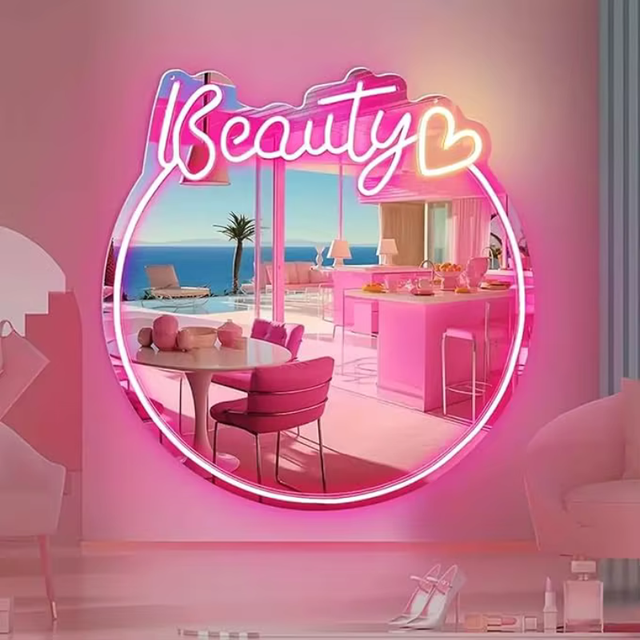 Neon Spejl - Personligt Vanity Vægspejl med Neon Lys og Akryl Design
