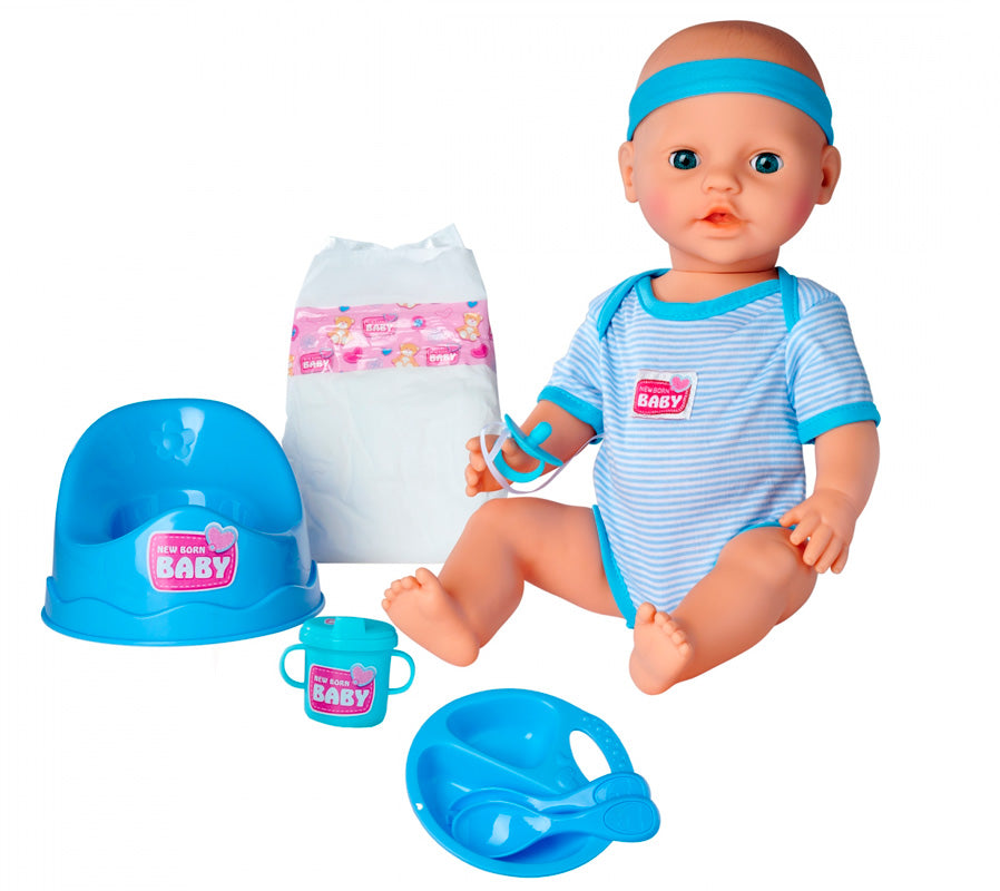 New Born Baby dukke med blåt tøj og tilbehør