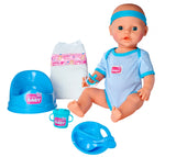 New Born Baby dukke med blåt tøj og tilbehør