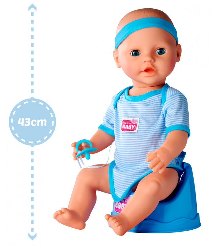 New Born Baby dukke med blåt tøj og tilbehør