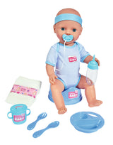 New Born Baby dukke med blåt tøj og tilbehør