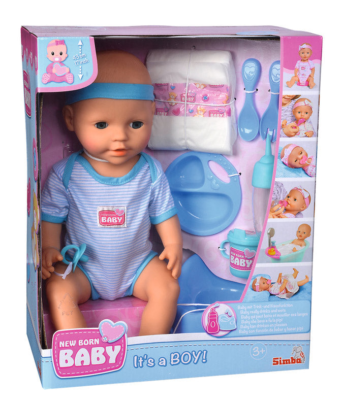 New Born Baby dukke med blåt tøj og tilbehør