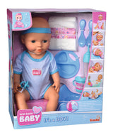 New Born Baby dukke med blåt tøj og tilbehør
