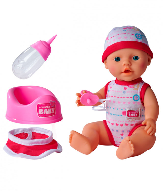 New Born Baby dukke med rødt tøj og tilbehør