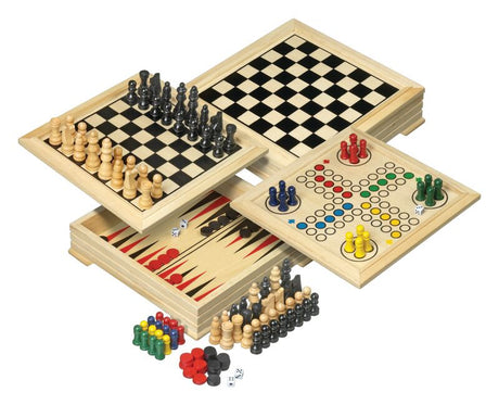 4-i-1 Træspil – Skak, Backgammon, Dam og Ludo