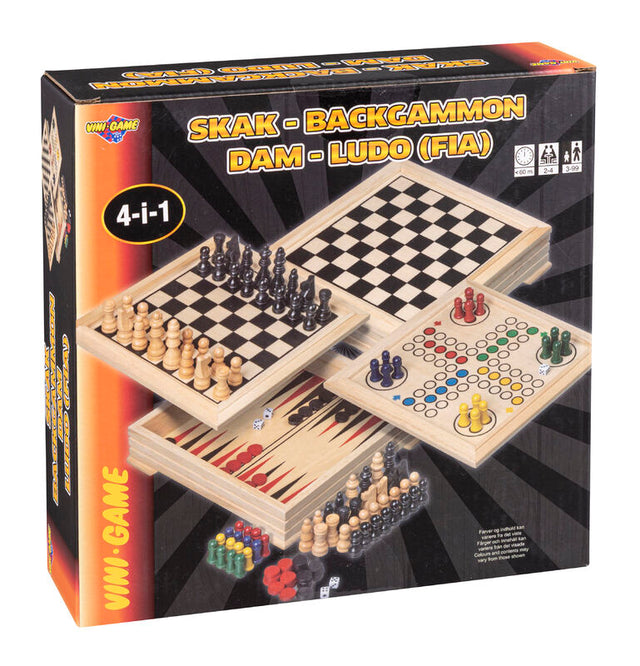 4-i-1 Træspil – Skak, Backgammon, Dam og Ludo