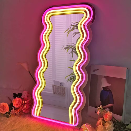 Neon Spejl - Personligt Vanity Vægspejl med Neon Lys og Akryl Design