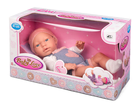 My Baby Love Liva dukke 41 cm – blå kjole & rosa hue