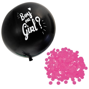 Stor sort ballon med pink konfetti - gender reveal