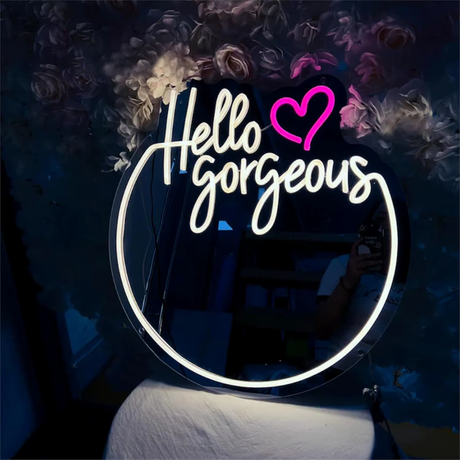 Neon Spejl - Personligt Vanity Vægspejl med Neon Lys og Akryl Design