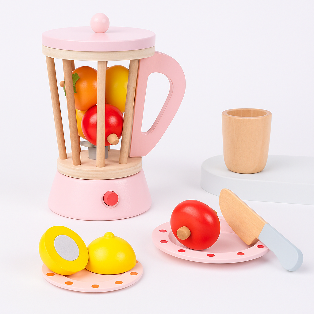 Træ Smoothie Blender Legetøj – Med Skærefrugter og Kop (6 Dele)