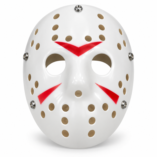 Hvid hockeymaske med røde detaljer
