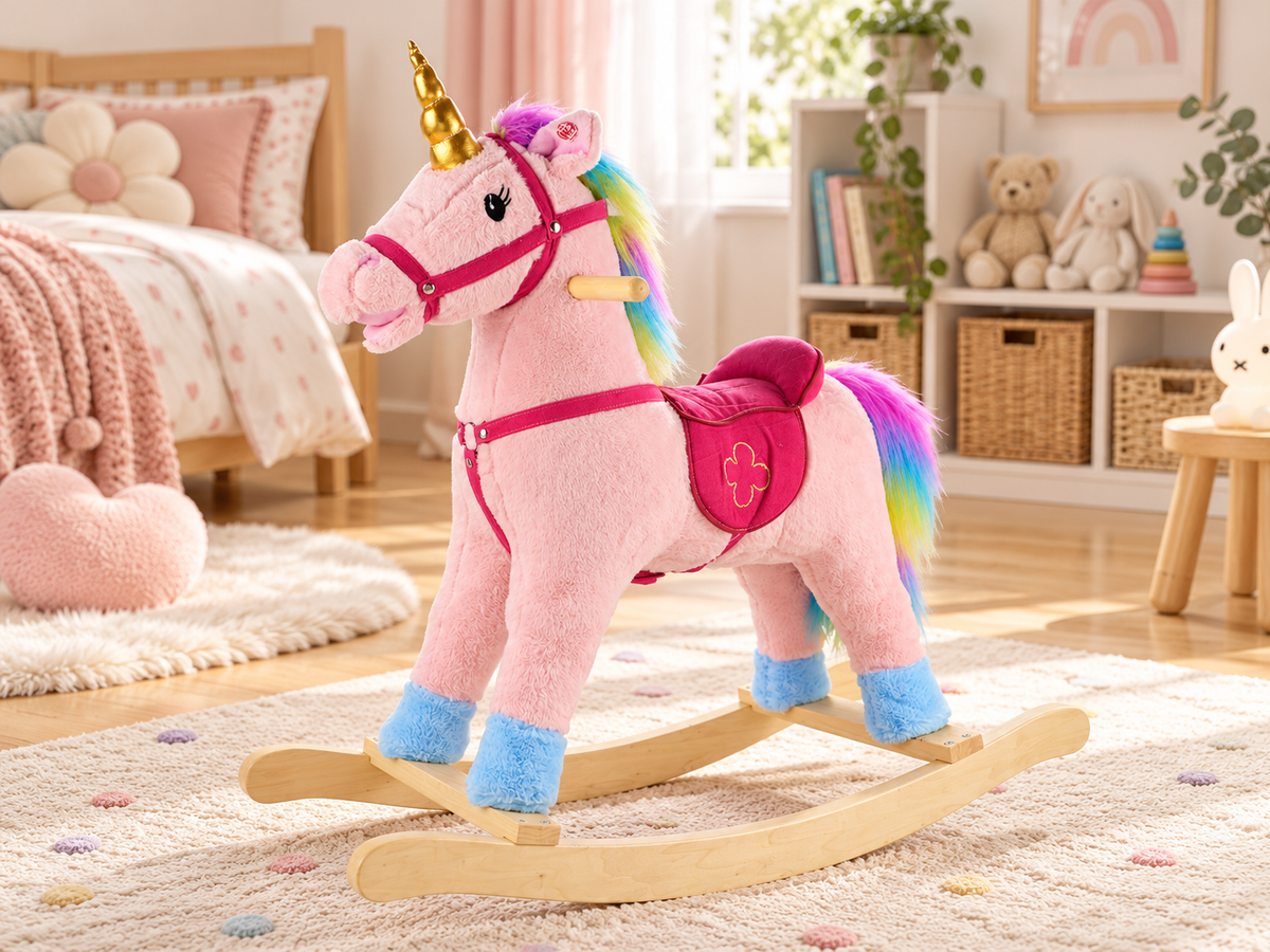 Lyserød gynge-enhjørning med hestelyd og bevægelig mund