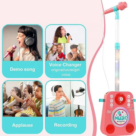 Karaokesæt til børn med mikrofonstativ og lys - Pink