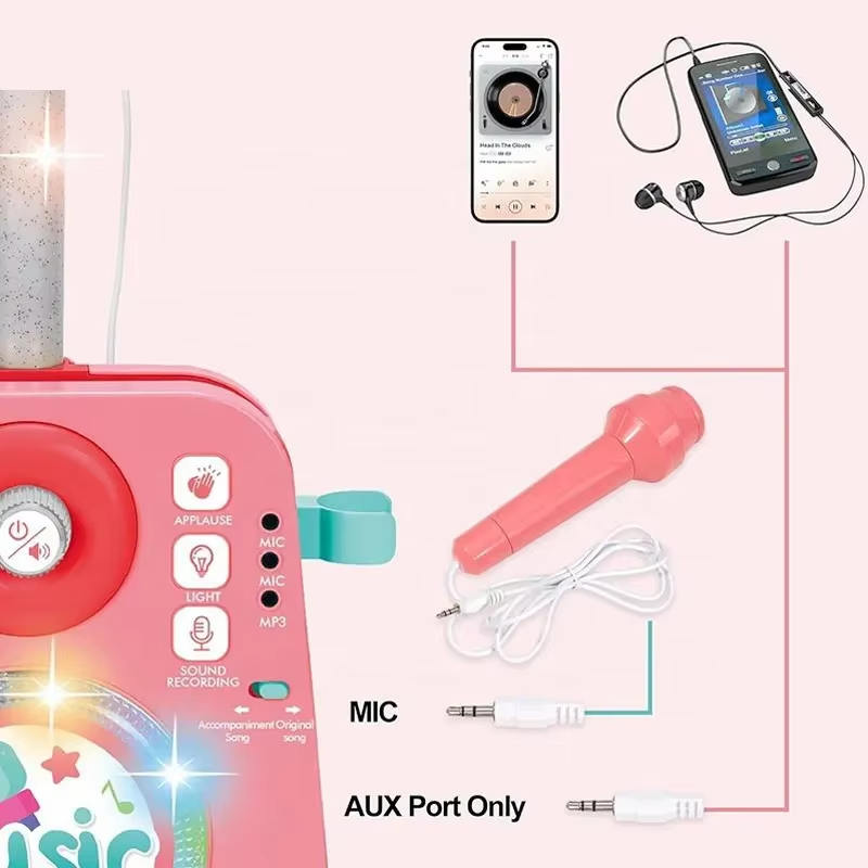 Karaokesæt til børn med mikrofonstativ og lys - Pink