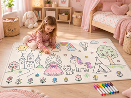 Farvelægningslegetæppe - Prinsesse & Enhjørning - 50x90cm, inkl. 8 tuscher