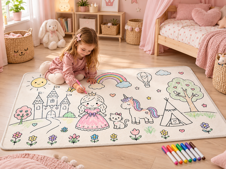 Farvelægningslegetæppe Prinsesse & Enhjørning, 50x90 cm, inkl. 8 tuscher