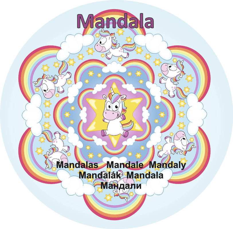 Rund mandala malebog med enhjørninge