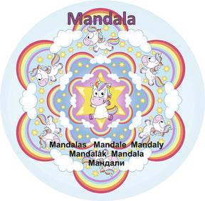 Rund mandala malebog med enhjørninge