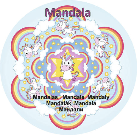Rund mandala malebog med enhjørninge