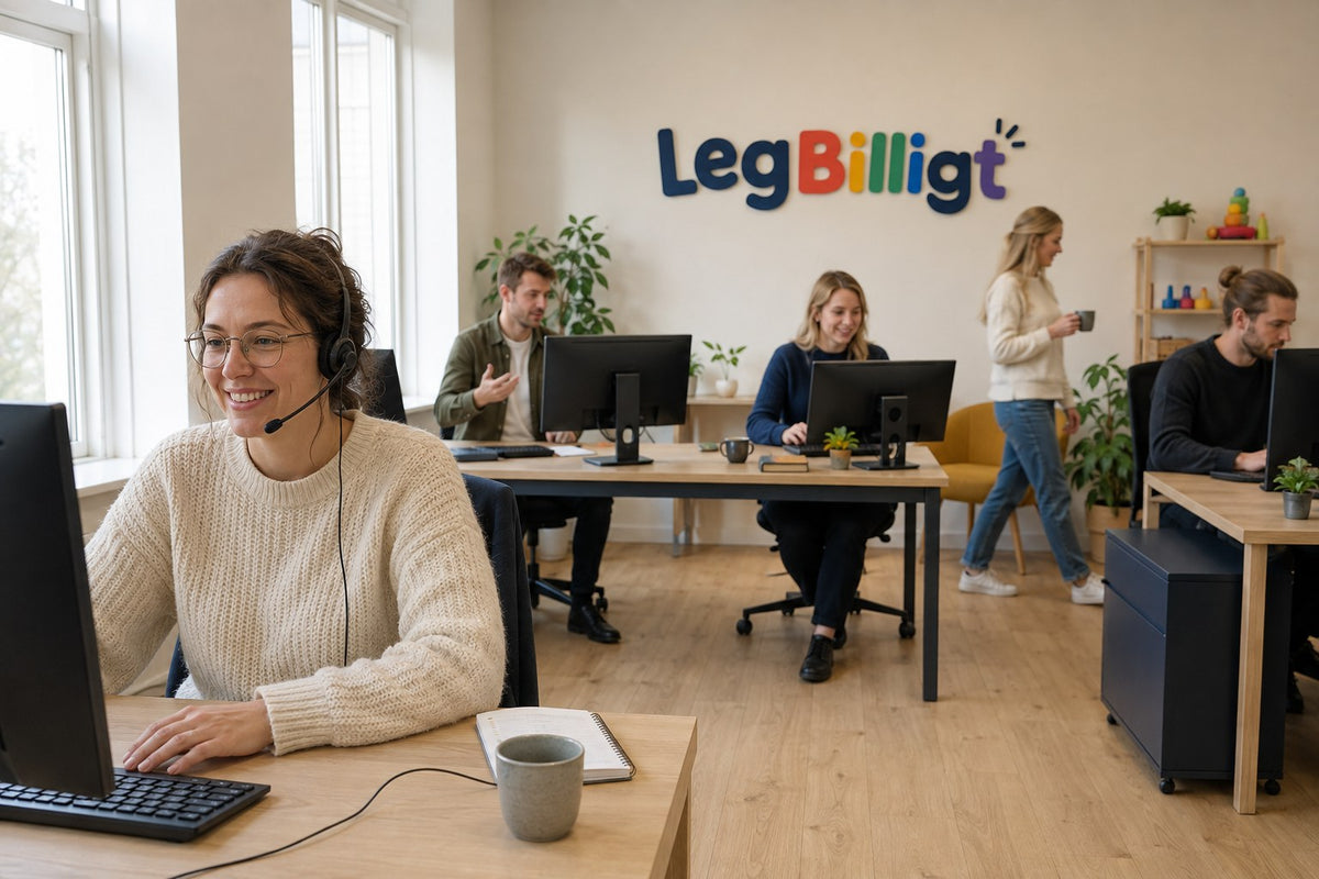 Vores kundeserviceafdeling: fem medarbejdere med headset ved deres skriveborde