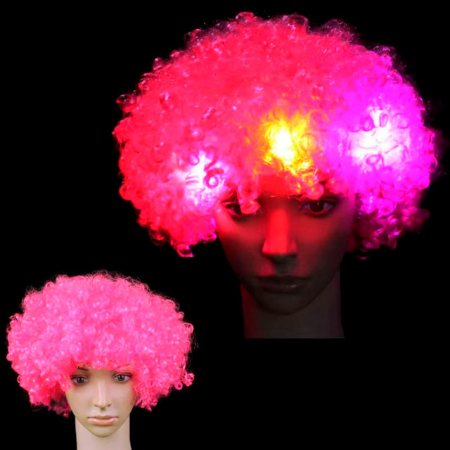 Paryk med LED lys - krøllet pink