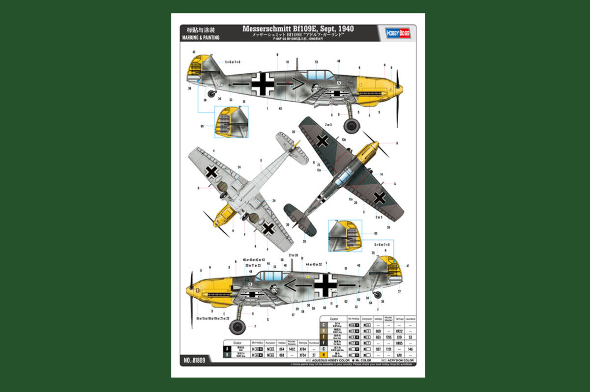 Hobby Boss Messerschmitt Bf109E, Sept, 1940 1:18 modelfly