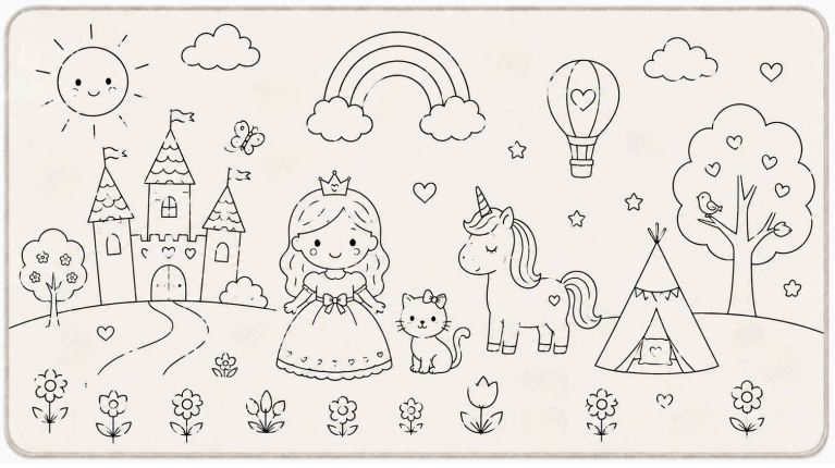 Farvelægningslegetæppe Prinsesse & Enhjørning, 50x90 cm, inkl. 8 tuscher
