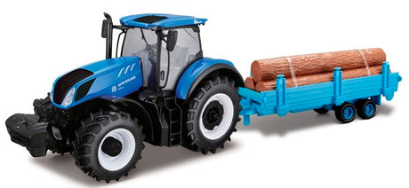 New Holland traktor med vogn og træstammer