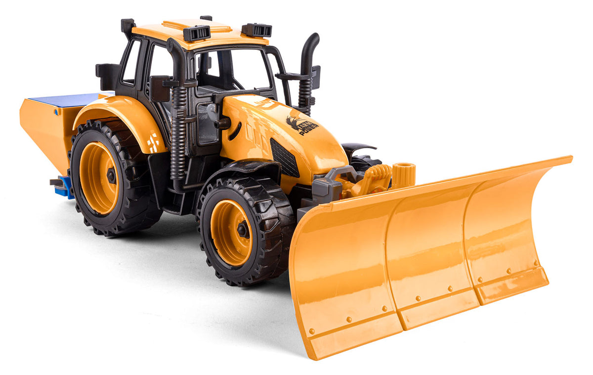 Traktor med sneplov og saltspreder