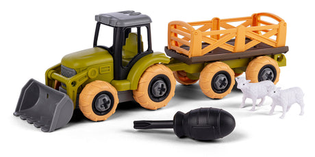 Bull take apart traktor med vogn og får
