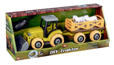 Bull take apart traktor med vogn og får