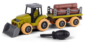 Bull take apart traktor og vogn med træstammer
