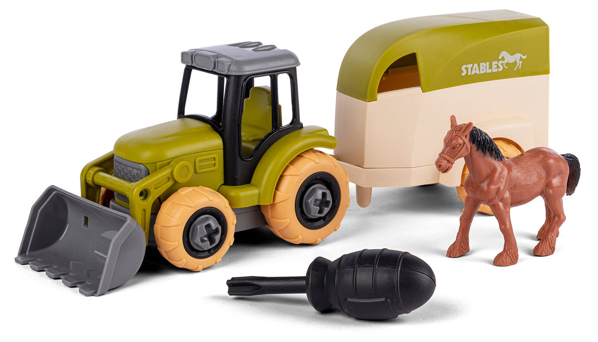 Bull take apart traktor med hestetrailer